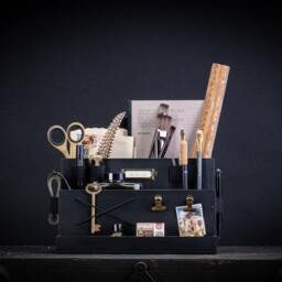 Vintage Desk Organizer With Hidden Retractable Handle, Made From Black Distressed Matte Painted Mdf. Multiple Spaces & Hanging Options - thumbnail 3