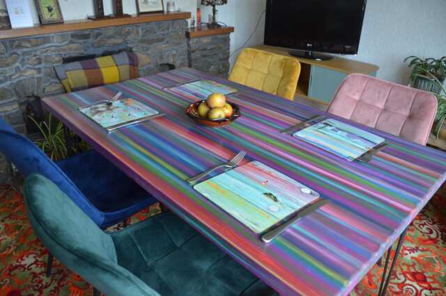 Rectangle Dining Table Candy Stripe Colours Handpainted Finish 140 cm X 80 Black Metal Hair Pin Legs Unique Coastal Art Furniture Designs - image 1