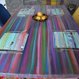 Rectangle Dining Table Candy Stripe Colours Handpainted Finish 140 cm X 80 Black Metal Hair Pin Legs Unique Coastal Art Furniture Designs - thumbnail 2