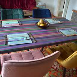 Rectangle Dining Table Candy Stripe Colours Handpainted Finish 140 cm X 80 Black Metal Hair Pin Legs Unique Coastal Art Furniture Designs - thumbnail 4