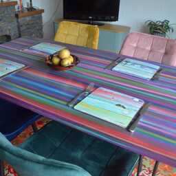Rectangle Dining Table Candy Stripe Colours Handpainted Finish 140 cm X 80 Black Metal Hair Pin Legs Unique Coastal Art Furniture Designs - thumbnail 3