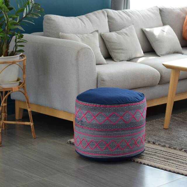 Hmong Hill Tribe Fabric Ottoman Pouf Rustic Ethnic Indigo Pillow - image 1
