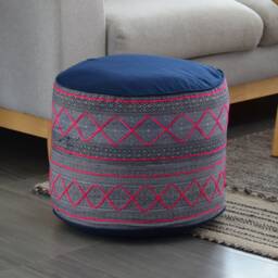 Hmong Hill Tribe Fabric Ottoman Pouf Rustic Ethnic Indigo Pillow - thumbnail 2