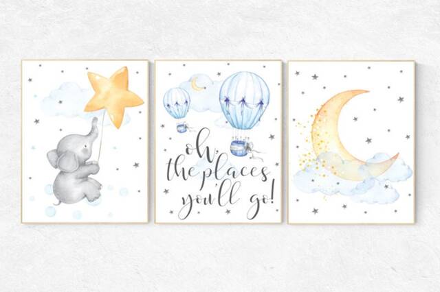 Neutral Nursery Wall Art Hot Air Balloons, Moon & Stars Print - image 1
