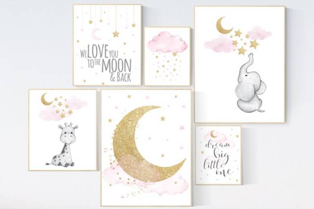 Pink & Gold Elephant Nursery Art Moon & Stars Prints - image 1