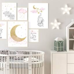 Pink & Gold Elephant Nursery Art Moon & Stars Prints - thumbnail 2