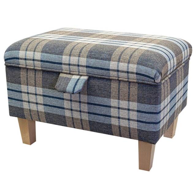 Handmade Blue Tartan Storage Ottoman - Kintyre Chambray Fabric Bespoke British Made - image 1