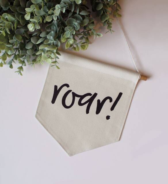 Roar Canvas Banner - Neutral Safari Nursery Decor Jungle Wall Flag Pennant Hanging - image 1