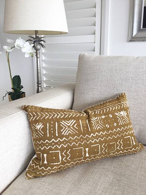 African Mud Cloth Lumbar Cushion Cover, Tan Tribal Pillow - image 1
