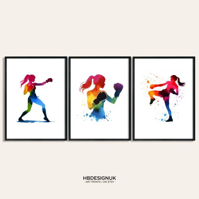Girl Kickboxing Print Set - 3 Kickboxer Posters - Women's Boxing Colourful Sport Wall Art Home Gym Decor Instructor Teacher Gift - image 1