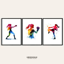 Girl Kickboxing Print Set - 3 Kickboxer Posters - Women's Boxing Colourful Sport Wall Art Home Gym Decor Instructor Teacher Gift - thumbnail 1