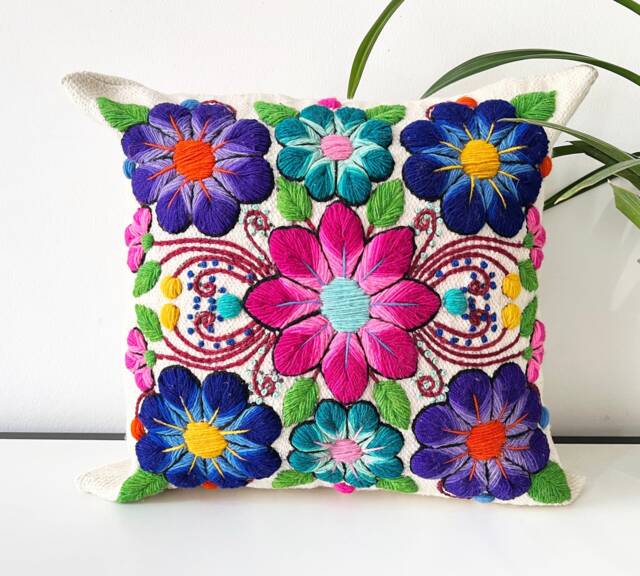 Hand Embroidered Floral Pillow Cover Peruvian Wool Home Decor - 16x16 - image 1