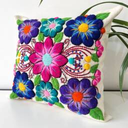 Hand Embroidered Floral Pillow Cover Peruvian Wool Home Decor - 16x16 - thumbnail 2