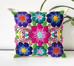 Hand Embroidered Floral Pillow Cover Peruvian Wool Home Decor - 16x16 - thumbnail 1