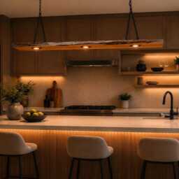 Yew Wood Slab With Led Spot Lights, Pendant Light, Timbers Recessed Spotlights - thumbnail 2