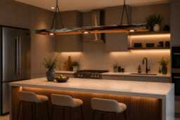 Yew Wood Slab With Led Spot Lights, Pendant Light, Timbers Recessed Spotlights