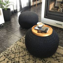 Black Chunky Knit Pouf, Round Crochet Ottoman, Modern Footstool Pouffe - Industrial Home Decor