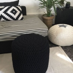 Black Chunky Knit Pouf, Round Crochet Ottoman, Modern Footstool Pouffe - Industrial Home Decor - thumbnail 3