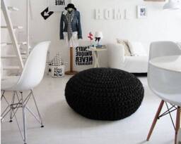 Black Chunky Knit Pouf, Round Crochet Ottoman, Modern Footstool Pouffe - Industrial Home Decor - thumbnail 2