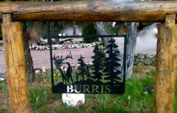 Metal Elk Cabin Sign - Plasma Cut House Custom Outdoor Wall Art Bugling Forest Scene