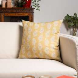 Chatsworth Linen-Blend Cushion Cover in Bright Ochre Yellow. Geometric Floral Paisley Design. 17x17