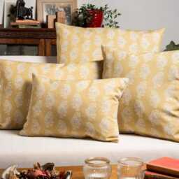 Chatsworth Linen-Blend Cushion Cover in Bright Ochre Yellow. Geometric Floral Paisley Design. 17x17 - thumbnail 3