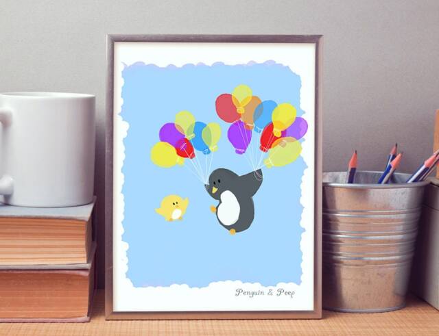Penguin & Peep Balloons - Art Print 8x10 13x19 - image 1