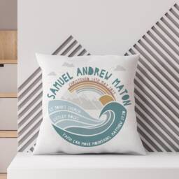 Personalised Christening Mountain Adventure Nursery Cushion - New Baby, Baptism, First Communion Gift Available in Blue, Green & Natural - thumbnail 3