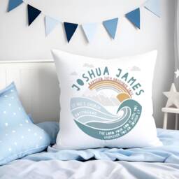 Personalised Christening Mountain Adventure Nursery Cushion - New Baby, Baptism, First Communion Gift Available in Blue, Green & Natural - thumbnail 1