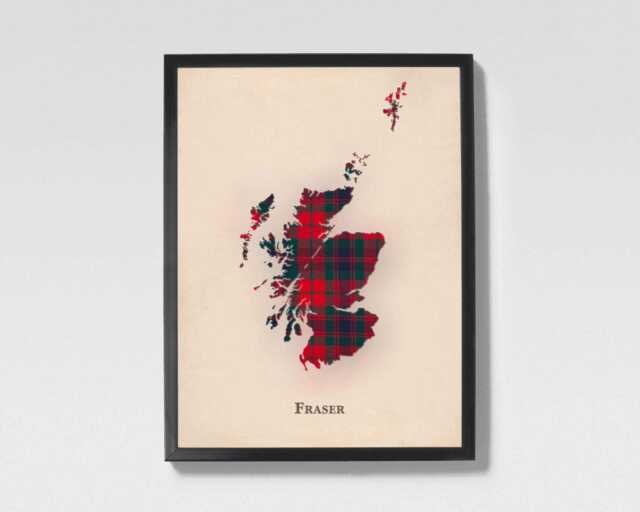 Clan Fraser Old Scottish Tartan Map - Of Scotland Family Wall Decor, Ready To Hang - image 1