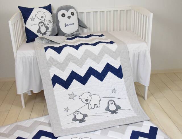 Penguin Baby Quilt, Chevron Gray Navy Toddler Blanket, Handmade Crib Bedding For Boy Or Girl - image 1