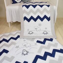 Penguin Baby Quilt, Chevron Gray Navy Toddler Blanket, Handmade Crib Bedding For Boy Or Girl - thumbnail 2