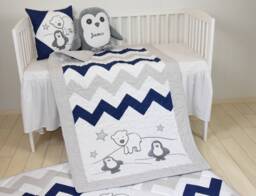 Penguin Baby Quilt, Chevron Gray Navy Toddler Blanket, Handmade Crib Bedding For Boy Or Girl - thumbnail 1