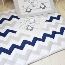 Penguin Baby Quilt, Chevron Gray Navy Toddler Blanket, Handmade Crib Bedding For Boy Or Girl - thumbnail 3