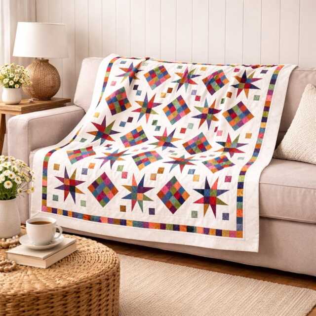 Evening Sunset Star Quilt Pattern - Modern Scrappy Throw - PDF Pattern - image 1