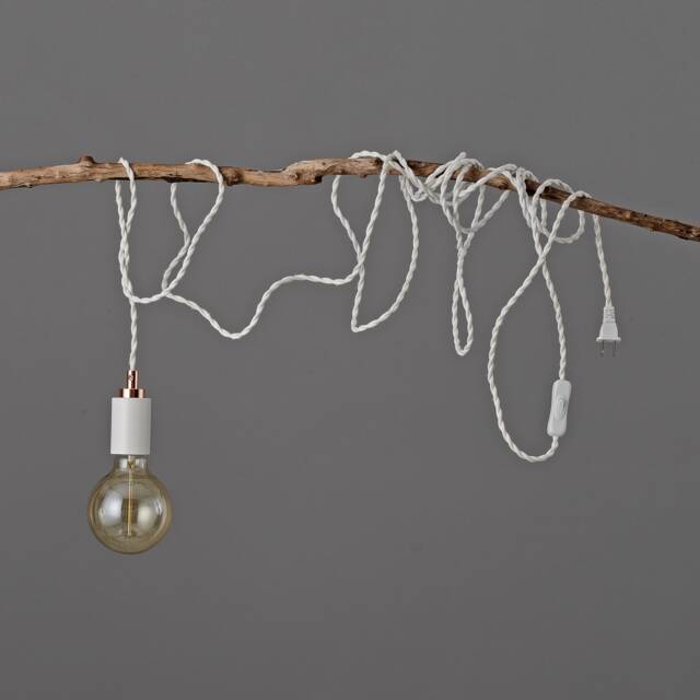 White Plug-In Simple Swag Pendant Ceiling Light + Rose Gold Top - Modern Minimalist Exposed Edison Bulb Lighting 15Ft Twisted Fabric Cord - image 1