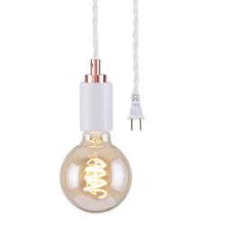 White Plug-In Simple Swag Pendant Ceiling Light + Rose Gold Top - Modern Minimalist Exposed Edison Bulb Lighting 15Ft Twisted Fabric Cord - thumbnail 2