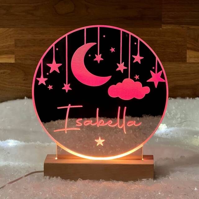 Personalised Nightlight, Custom Moon & Star Light, Personalized Clouds Night Light & New Baby Name, Bedroom Lamp, Newborn Mum Nursery Decor - image 1