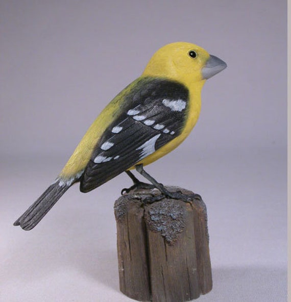 Yellow Grosbeak Wooden Carved Bird Carving - image 1