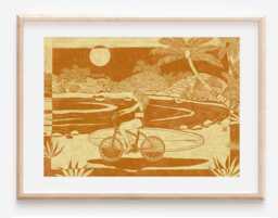 Beach Bike Art Print - Boho Surf, Longboard Girl, Handmade Linocut - thumbnail 1