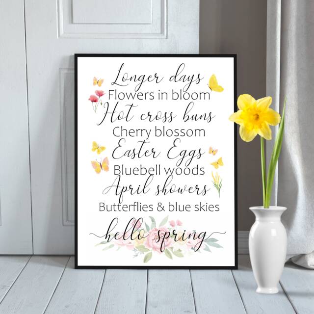 Hello Spring Print Flowers, Butterflies Wall Print, Summer Frame Decor Seasonal Art - image 1