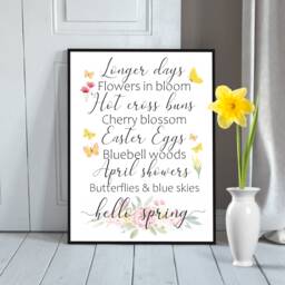 Hello Spring Print Flowers, Butterflies Wall Print, Summer Frame Decor Seasonal Art - thumbnail 1