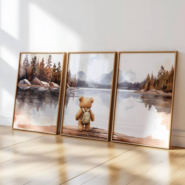 Bear Nursery Print, Decor, Neutral Baby Art, Woodland Nursery, Adventure Set Of 3 Posters - image 1