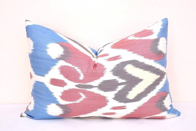 Blue & Red Cotton Ikat Lumbar Pillow Cover, Handloom Woven - 15x23 Inches - image 1