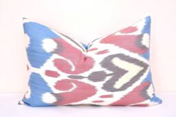 Blue & Red Cotton Ikat Lumbar Pillow Cover, Handloom Woven - 15x23 Inches - thumbnail 1