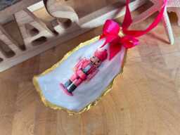 Pink Retro Nutcracker Oyster Shell Ornament. Gold & Cerise Handcrafted Christmas Bauble - thumbnail 1