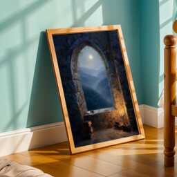 Dark Academia Print, Castlecore Moonlit Stone Archway, Art Navy & Gold Decor, Living Room Wall Art, Gift For Coworker - thumbnail 3