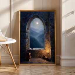 Dark Academia Print, Castlecore Moonlit Stone Archway, Art Navy & Gold Decor, Living Room Wall Art, Gift For Coworker - thumbnail 2