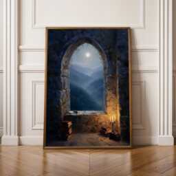 Dark Academia Print, Castlecore Moonlit Stone Archway, Art Navy & Gold Decor, Living Room Wall Art, Gift For Coworker - thumbnail 1