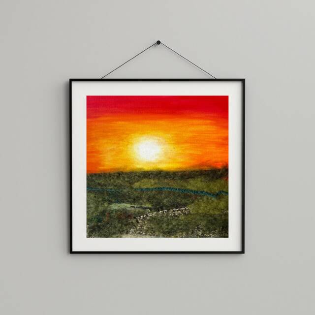 Handmade Textile Art Cottage Landscape Sunset Picture - image 1